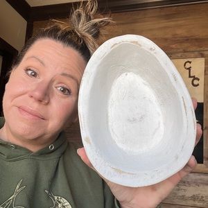 Hand Crafted Wooden Dough Bowl Egg shape White Distressed